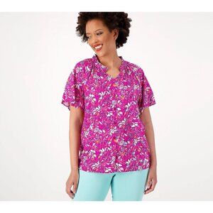 Denim & Co Floral Print Flutter Sleeve Blouse Size XS Plum Wine A601454